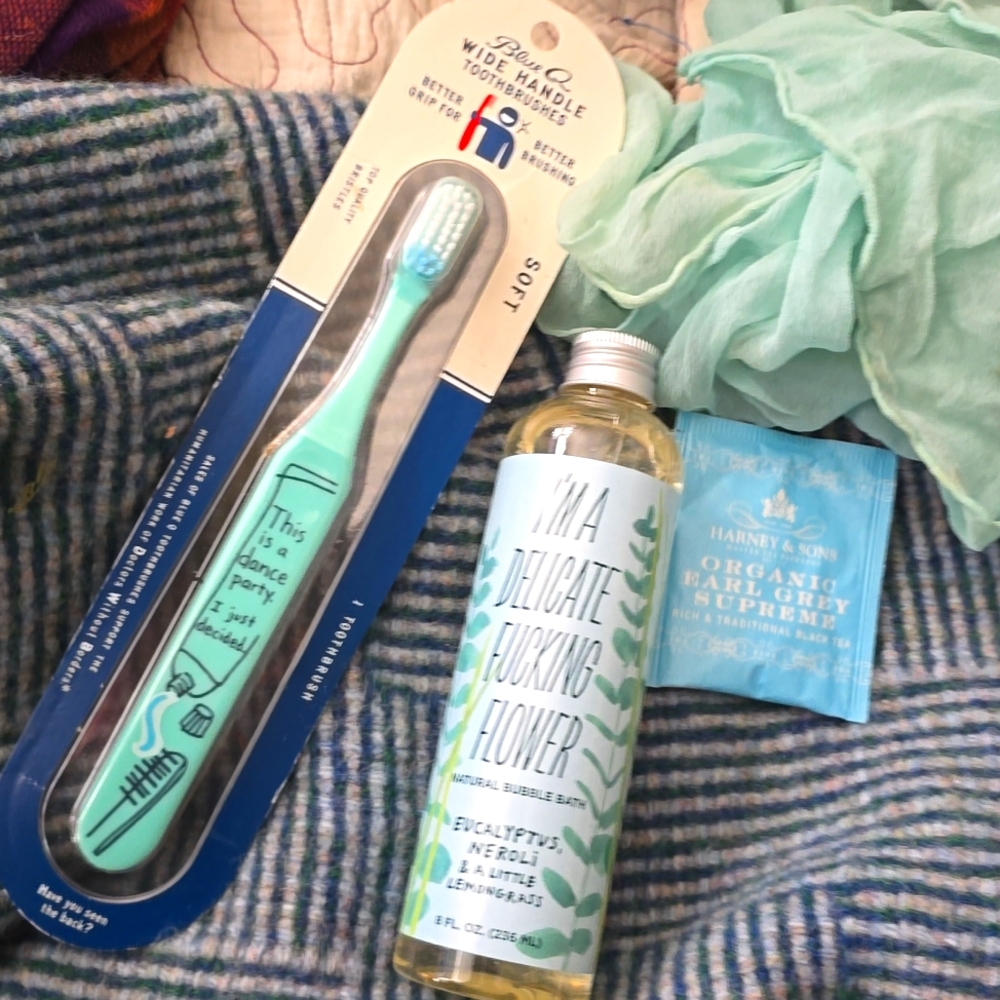 Gift Bundle Blue Q Dance party  toothbrush + delicate F-ing Flower Bubble Bath